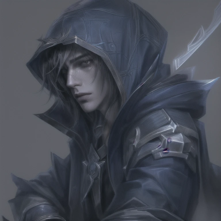 Talon (league of legends), masterpiece, best quality, realistic, 1man, young male, quiet and charming young man, 20 years old, close his eyes, serious, closed mouth, extremely detailed face, cold, ((dark eyes)),straight layered bangs hair ((hair medium hair long in length)), [thick eyebrows], ((blue clothes)), accurate, detailed, capuz na cabeça, hood, little blades in the clothes, capuz com uma ponta em cima da testa, armadura no ombro esquerdo