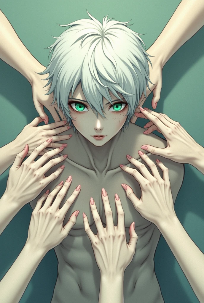 Anime Man with long white hair, is groped by many hands in his body