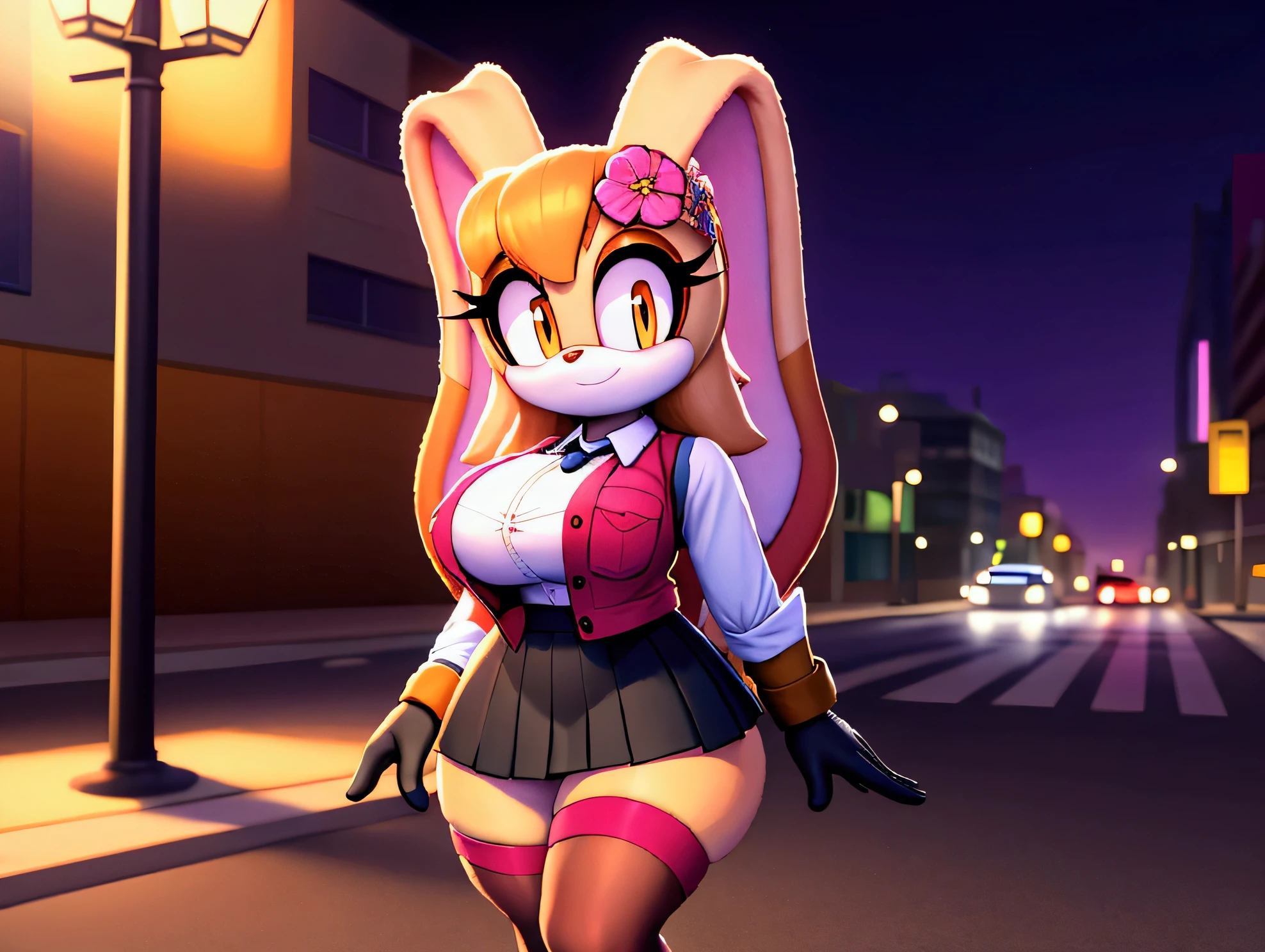 Cream the rabbit,orange eyes ,schoolgirl vest, ribbon with flowers on her head, long hair ,,schoolgirl skirt, red stockings with straps,,  black gloves, large breasts,  Big Thighs,  holding a glass,  walking on the street ,at a pedestrian crossing,Next to a traffic light , Large windows,at dusk 