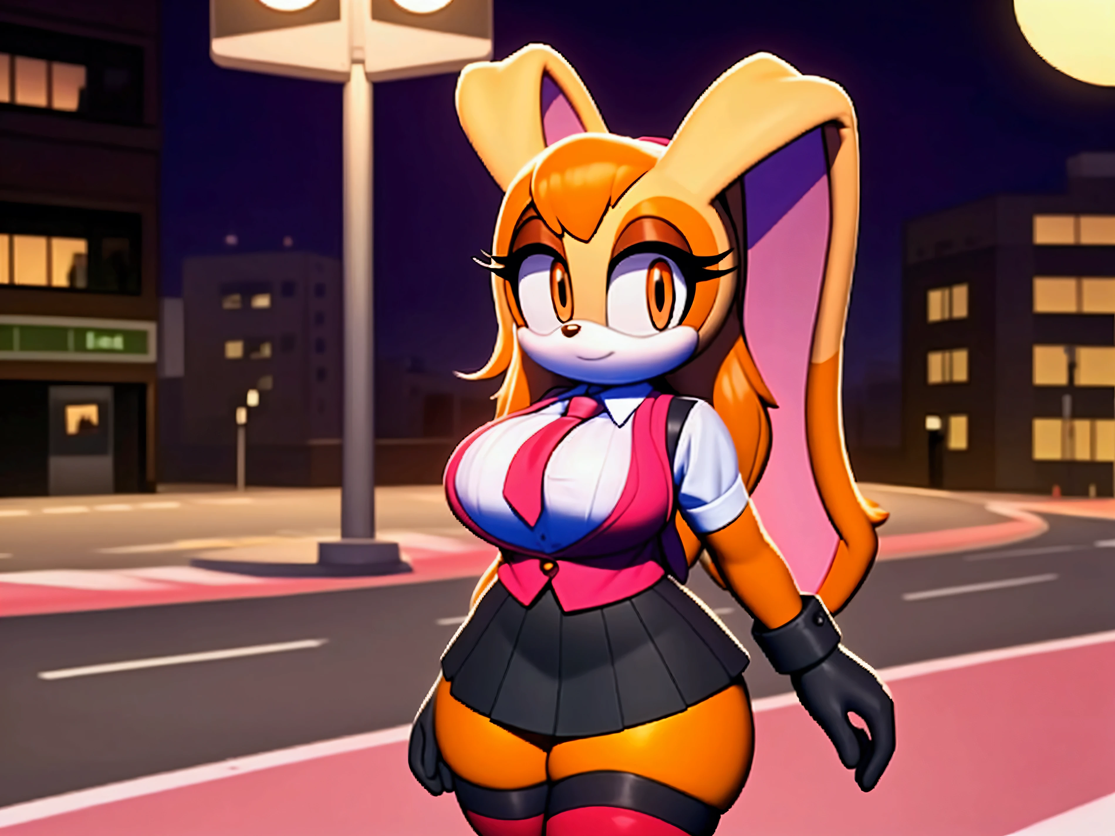 Cream the rabbit,orange eyes ,schoolgirl vest, ribbon with flowers on her head, long hair ,,schoolgirl skirt, red stockings with straps,,  black gloves, large breasts,  Big Thighs,  holding a glass,  walking on the street ,at a pedestrian crossing,Next to a traffic light , Large windows,at dusk 