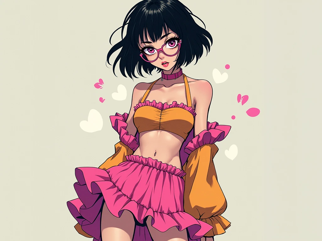 score_9, score_8_up, score_7_up, 1girl, medium breasts, makeup, bob cut, oversized clothes, pleated skirt, choker, looking at viewer, cameltoe, from below, blush, street, navel, soles, leg up, barefoot, toes, liking feet, (underboob) <lora:onepiecestylev1:1> onepiecestyle