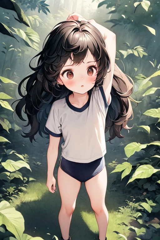 (masterpiece, highest quality),  (Dark forest at night), One Girl, young teen, Black gymnastics bloomers, High leg、School Shirt, standing in night forest, Looking up at the forest、Anxious expression, Emotional, Wide-angle, dark, Best Shadow, watercolor, black hair long hair