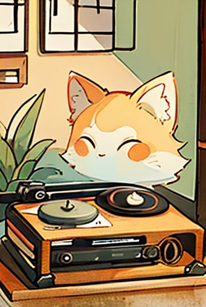 (masterpiece),( best quality:1.2),( very detailed:1.2),( high definition ),8k illustration style,  cute design , The most beautiful girl ever 、Little ，Baby kitsune, (((vintage record player)))、analog， living room