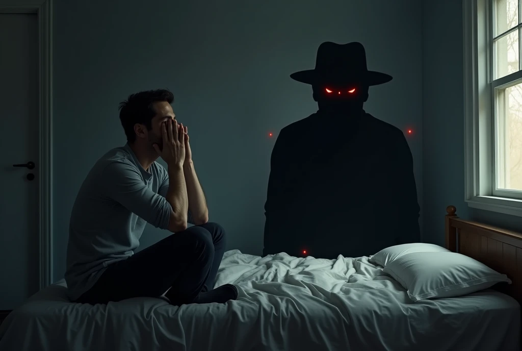  a man in room sitting on the bed ,  hands on his head and elbows on his knees , thinking, worried. Behind him,  leaning against the wall ,  there is a very dark shadow standing there just watching .  the shadow seems to be that of a man in a straight-brimmed hat . You can't see your eyes ,  you can't see anything but a darker shade than the normal shadows of the scene. side view of the scene , There is a door  ` left and a window on the right the shadow is not exactly behind the man,  it's not possible to see even a part of your clothes ,  it's just shadows .  just the eyes that are small red dots ,  that can sometimes be seen .