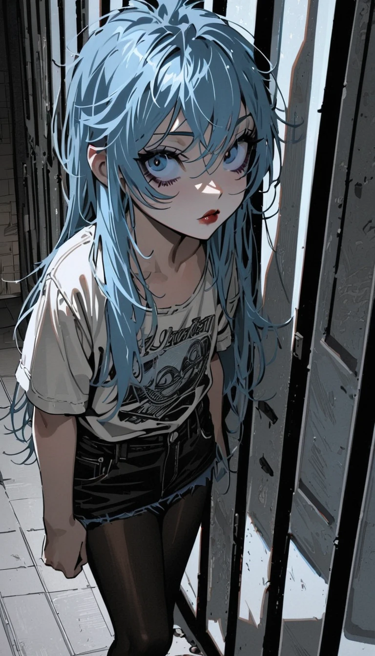  High Quality,A single femboy,Petite and small, flat chested,Tree Eyes, Long Hair , unkempt hair,  light blue hair   ,  heavy makeup, vintage t-shirt  , Leather Jackets ,  denim hot pants , pantyhose,  dark apartment hallway