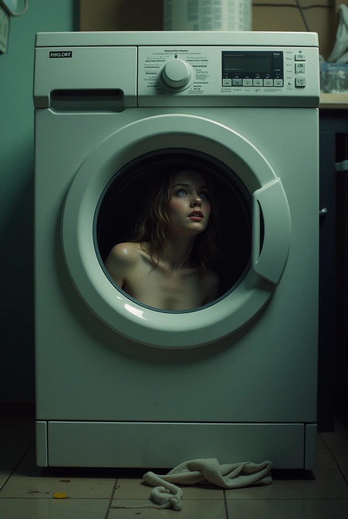 create an image of a woman stuck in a washing machine