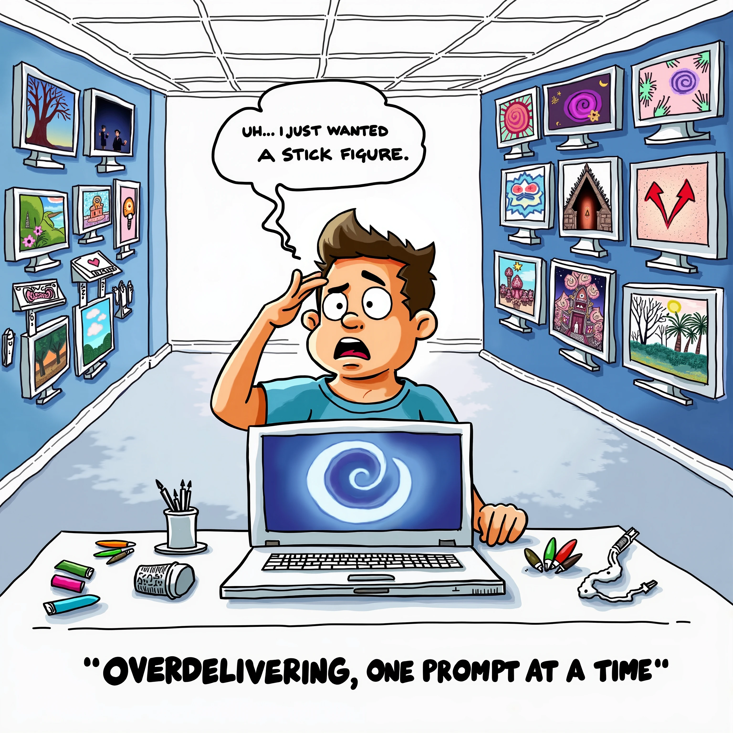 A humorous and vibrant digital art scene titled 'The Overachiever.' A human user sits at their desk in a bright, modern workspace, looking overwhelmed and scratching their head with an exaggerated expression of confusion and surprise. On the desk, the computer screen prominently displays a swirl-inspired blue logo as the AI image app, actively creating stunning artworks. The walls and monitors in the room are covered with vibrant and creative visuals, including surreal landscapes, intricate portraits, and fantastical creatures, all generated by the AI. Above the user, a speech bubble says: 'Uh… I just wanted a stick figure.' At the bottom of the image, a bold caption reads: 'OVERDELIVERING, ONE PROMPT AT A TIME.' The scene is playful yet detailed, with art supplies scattered around the desk, emphasizing the humorous contrast between simple expectations and over-the-top results. Ensure no swirling logos appear outside the computer screen.