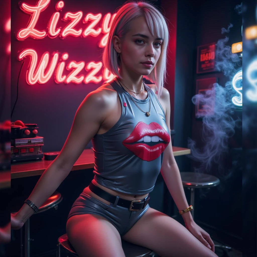 "An ultra-high-resolution, hyper-detailed, photorealistic portrait of , tall , fit body, slim figure , girl, 1Lucy, She is wearing an oversized metallic grey glossy slevless Tank top with a " Red Lips logo image on the.     T-shirt, it's a Florissant red lips logo, She sits on a glass stool with her legs crossed. A neon sign reading 'Lizzy Wizzy' glows in the background of a dark room. Neon lights illuminate parts of her body while the rest remains in shadow. Soft, dim lighting and smoke fill the room, adding drama and a play of light and shadow, with the smoke partially obscuring her figure."