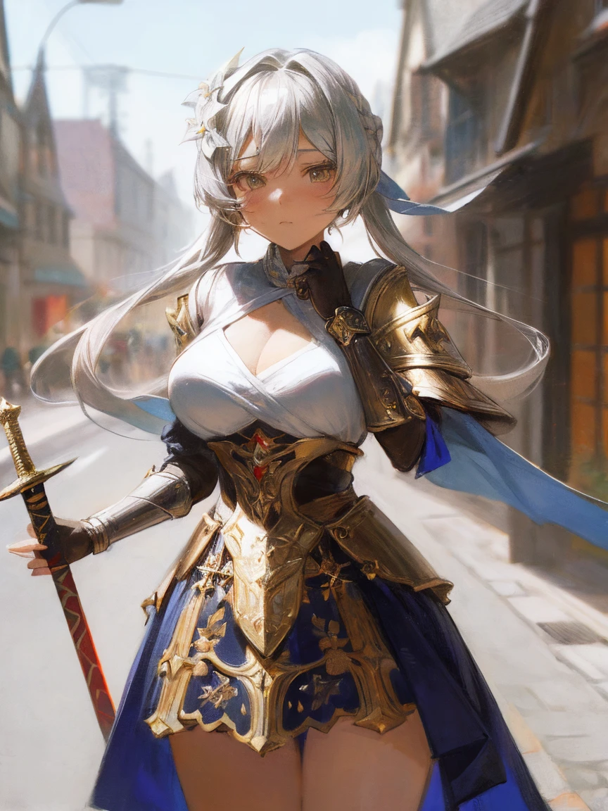 (masterpiece, highest quality:1.2),  1 girls, , ((She's wearing a very cute outfit)),  ((goddess armor costume)) , ((Medieval streetscape)), ((decorated long sword)) , Ready your sword, (eyes half closed), (large tears), (lots of drool), The body shakes violently, ((Hasselblad Photos)), [:(detailed face:1.2):0.2],(Cute tattoo), orgasm , aroused , Big breasts , Sexy pose , Hair accessories ,, Silver twin-tail hairstyle 