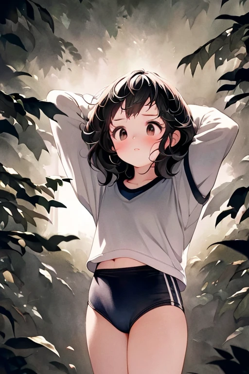 (masterpiece, highest quality),  (Dark forest at night), One Girl, young teen, Black gymnastics bloomers, High leg、School Shirt, standing in night forest, Looking up at the forest、Anxious expression, Emotional, Wide-angle, dark, Best Shadow, watercolor, black hair long hair