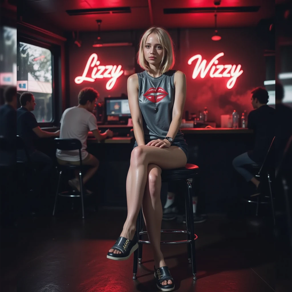 "An ultra-high-resolution, hyper-detailed, photorealistic portrait of , tall , fit body, slim figure , girl, 1Lucy, She is wearing an oversized metallic grey glossy slevless Tank top with a " Red Lips logo image on the.     T-shirt, it's a Florissant red lips logo, She sits on a glass stool with her legs crossed. A neon sign reading 'Lizzy Wizzy' glows in the background of a dark room. Neon lights illuminate parts of her body while the rest remains in shadow. Soft, dim lighting and smoke fill the room, adding drama and a play of light and shadow, with the smoke partially obscuring her figure."