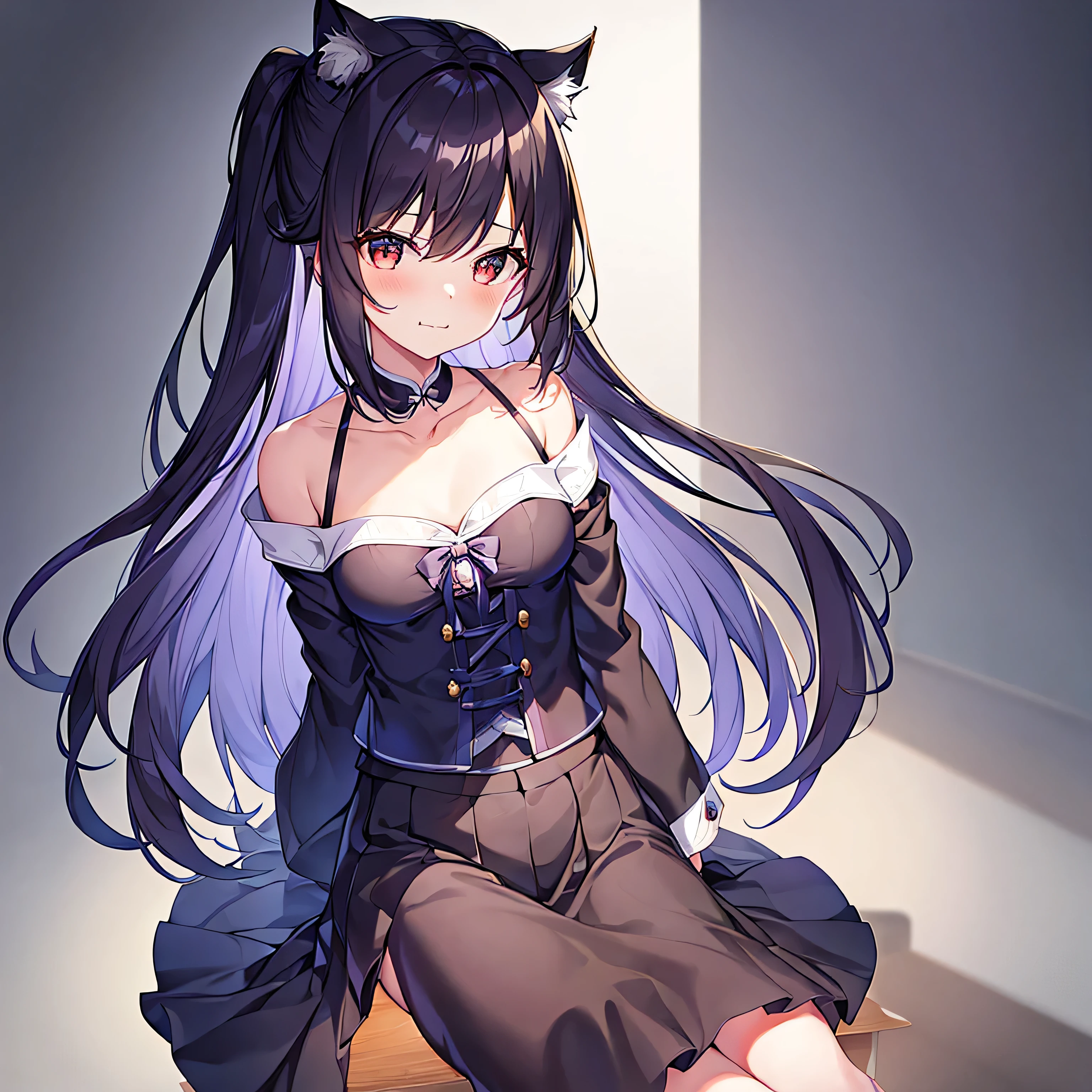  1 girl at home, Alone of, Chest, 长of_hair, 高抬Leg, Purple_Eye, garter_Shoulder strap, ,  Smile, Orange of_hair, hair_bow, Watch_exist_受众, bow, two_side_up, medium of_Chest, Sitting, red of_bow, hand_between_Leg,  clavicle , signature, Ahog, collar, between_Leg, off_Shoulder,  blush, labcoexist,  bangs, Blur of, The brown of_高抬Leg, Wavy_hair, skirt, only of_Shoulders, closure_Mouth, Blur of_background, :3,  cross knit _clothing, red of_skirt, _username, black of_collar, black of_高抬Leg, Open_clothing, depth_of_Place, 