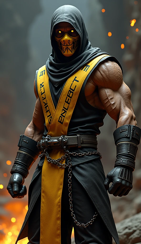 4k, wallpaper, 1 man, solo, Scorpion, mortal kombat, tall, muscular, hunk, yellow and black face mask, chain weapon, wearing orange-ish yellow and black ninja clothes, yellow fabric hood, fire in the background, upper body shot, fighting stance, best quality:1.2, high resolution:1.2, masterpiece, low camera angle, detailed outfit, shadows, volumetric lighting, landscape of hell in the background