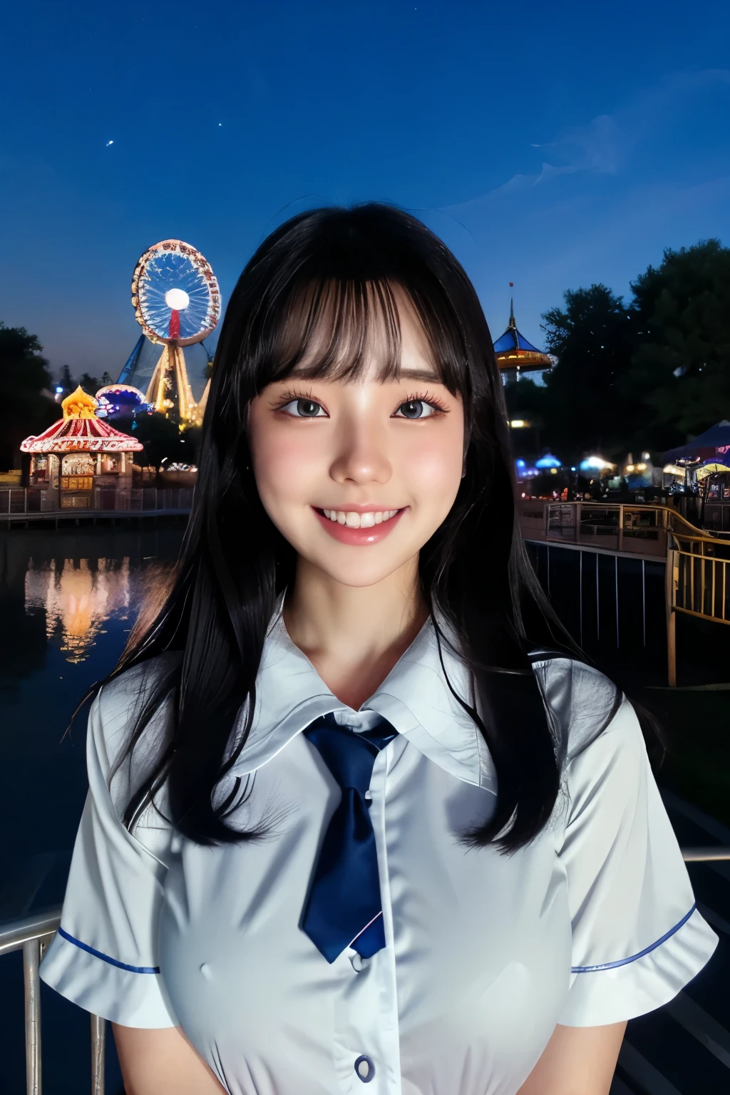  dark-haired girl、Amusement park at night、 Illuminations、 white blouse 、gray school uniform、Clear skies、smile、