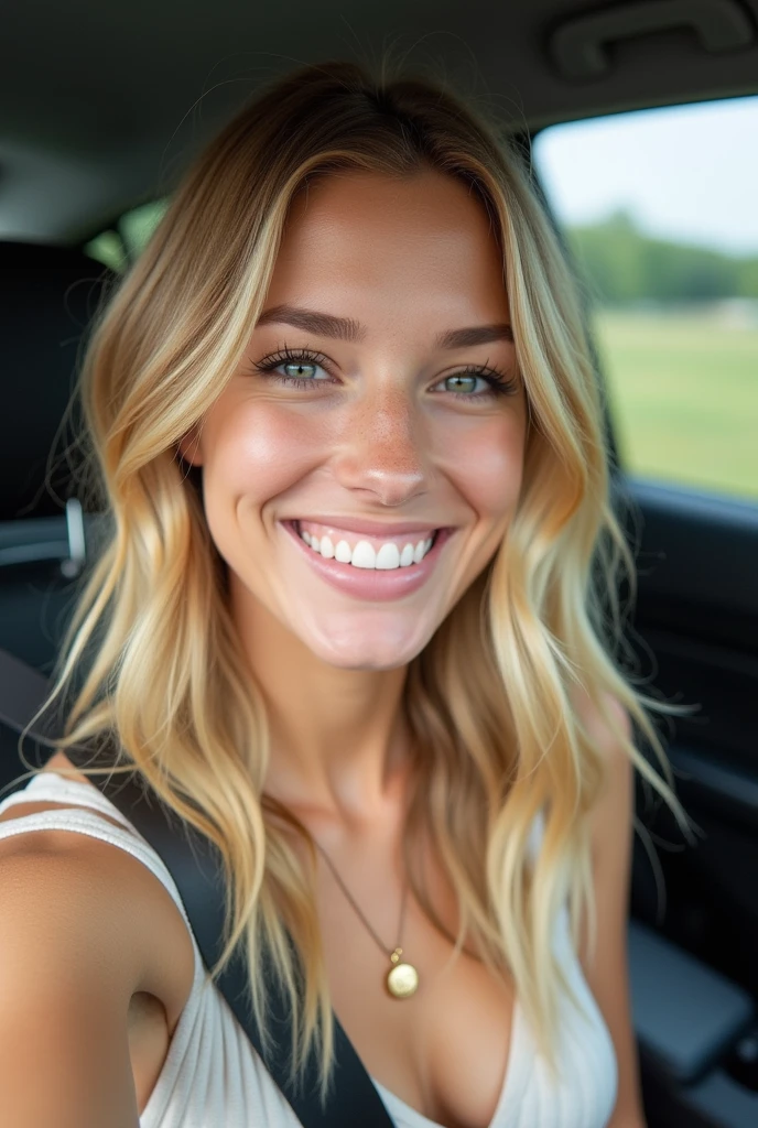 young lady, in a car, dressed normally, The curly blonde:1.2), 19 years old, Ground beef, , long high walk:1.1), (cum only on the face:1.2), Selfie, radiant smile, open eyes, HD, Studenten