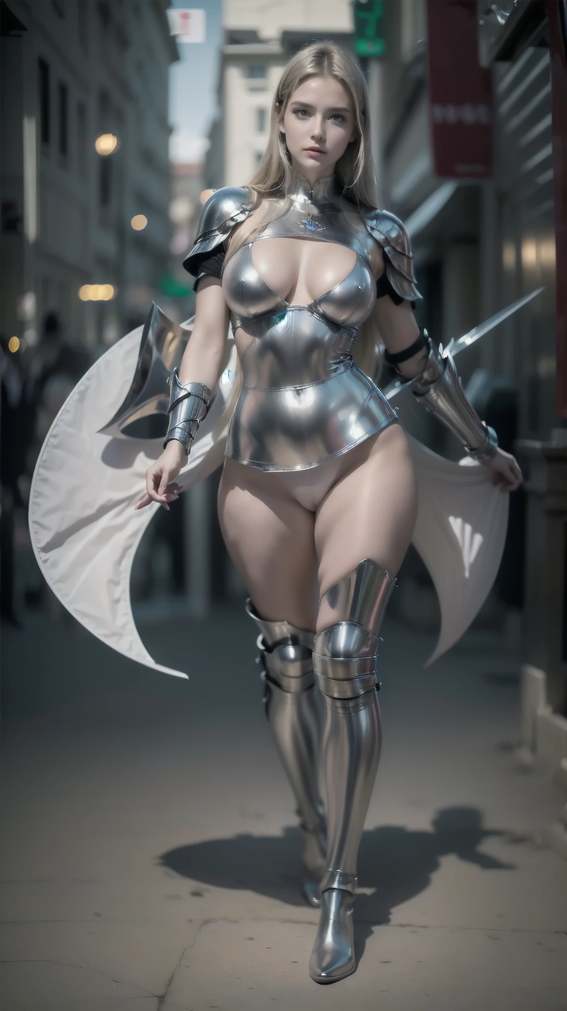 woman arafa in silver outfit posing for a photo, glossy  white armor , sleek  white armor , sleek bright  white armor ,  white armor  elegante e aerodinâmica, elegant and smooth white-plated armor, white metal armor, modern clean  white armor , with elegant silver armor, sticky silver armor, streamlined  white armor ,  white armor , elegant silver armor, elegant smooth silver armor, ([long hair hair]:1.8), (full body:1.8), (upper body up:0.3), (hyper realistic:1.4), (realistic:1.3), (best quality real texture skin), Detailed eyes, detailed face, PERSEPHONE, persephone, (SFW:1.5) Hyperrealistic, LESS saggy breasts, (SMALL BREASTS:1.5), (HUGE LEGS:1.5), (LESS THIGHS:1.5),  perfect legs,  perfect legs, pernas added, pernas added e perfeitas,  shapely legs, toned thighs, pernas added, Smooth thighs. ( erotic pose :1.5), (thick eyebrows:1.2), (big purple eyes:1.2), ( Ultra-detailed eyes :1.4), ( High-resolution eyes :1.1), ( ultra detailed skin texture:1.4), (Beautiful toned body:1.1),  cameltoe