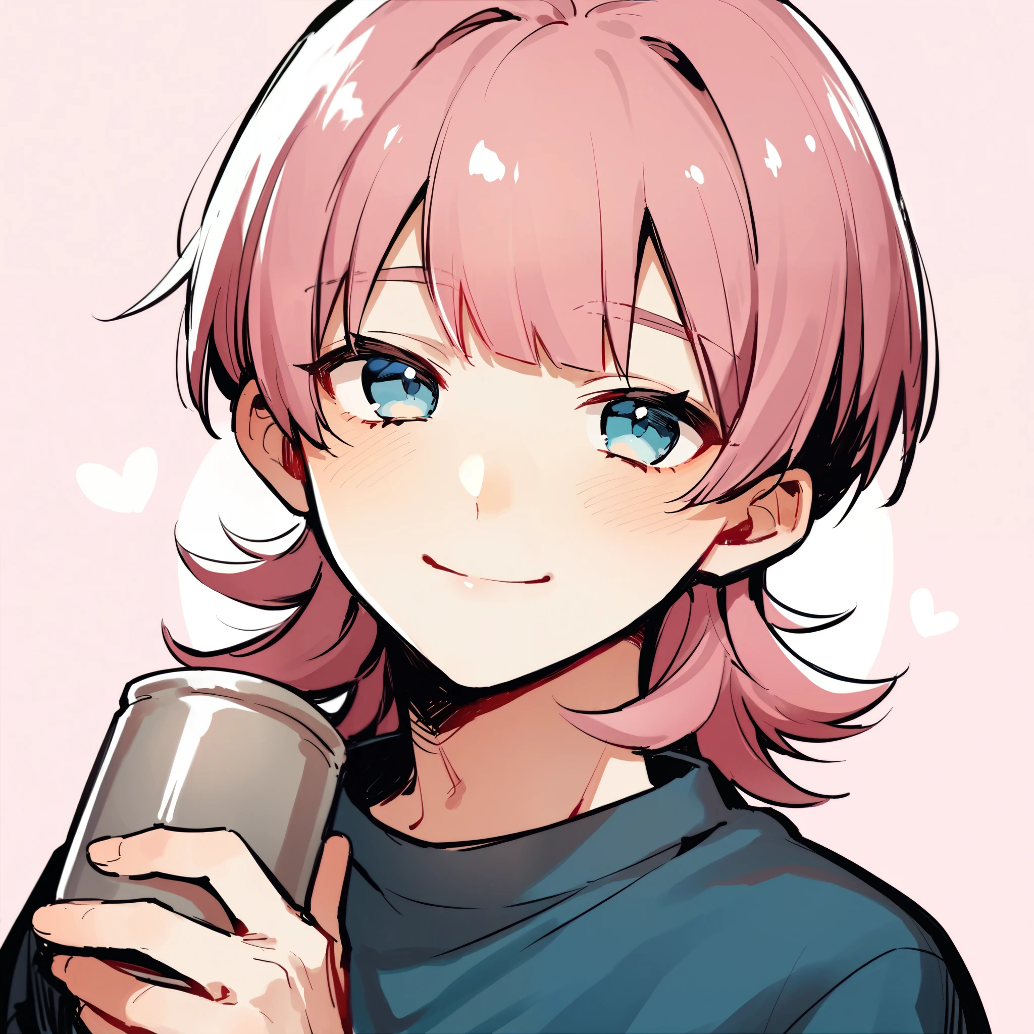 femboy, mullet bowl cut, short hair, soft pink hair, blue eyes, smiling, cute background