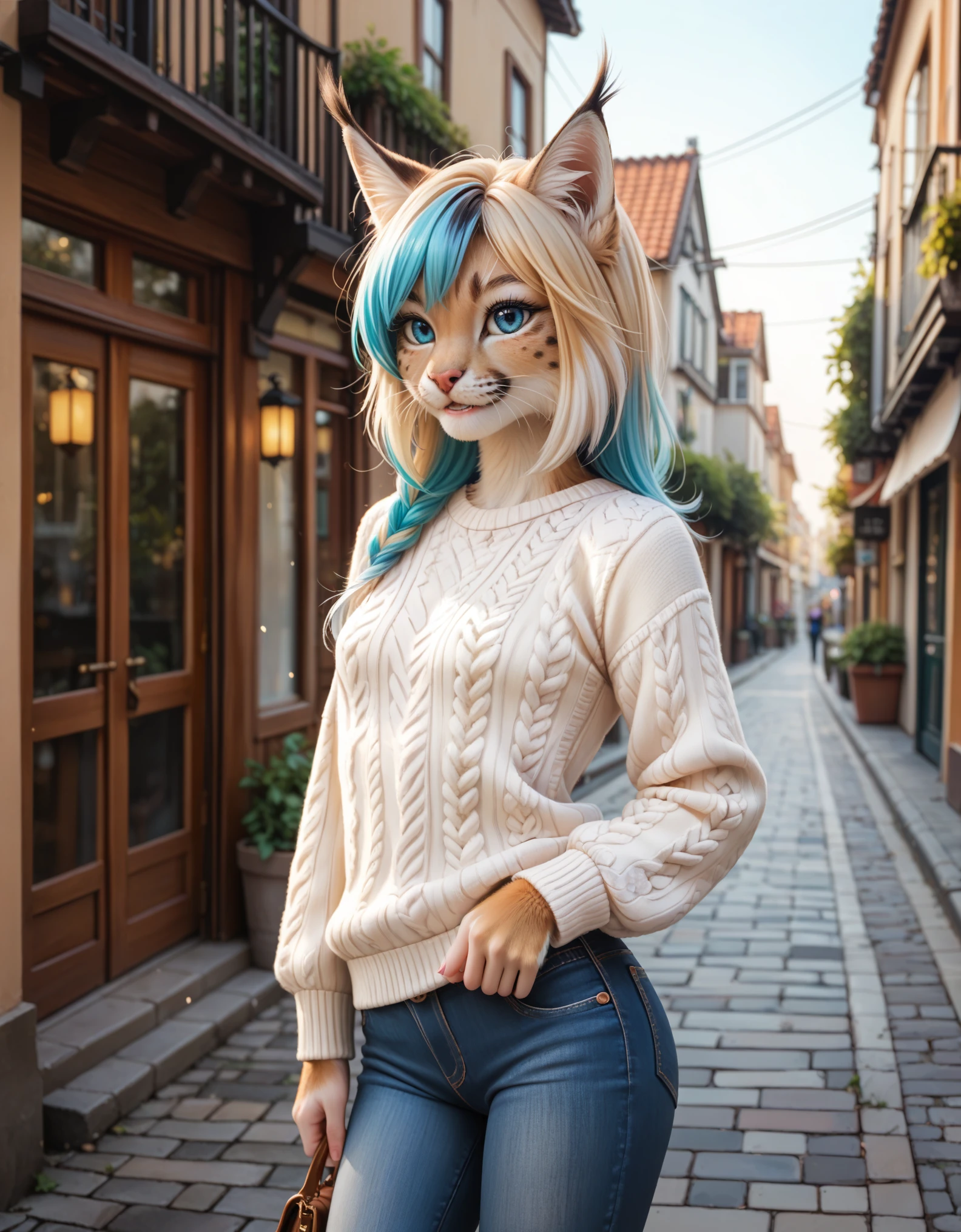 score_9,score_8_up,score_7_up,source_anime, 1girl, solo, digital_media_(artwork) hi_res,, beautiful, anthro, furry, female, furry female, detailed textured fur, fur tufts, lynx, slim, slender, small breasts, cute, sweater, denim jeans, multicolor hair, streaked hair, red blue blonde silver hair, blonde fur, beautiful blue eyes, smile, solo, 