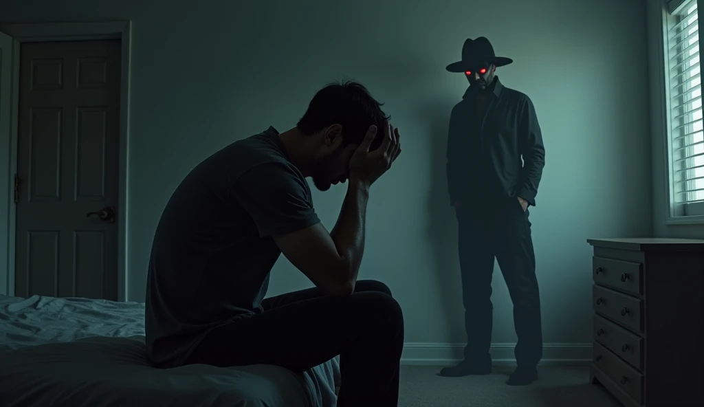  a man in room sitting on the bed ,  hands on his head and elbows on his knees , thinking, worried. Behind him,  leaning against the wall ,  there is a very dark shadow standing there just watching .  the shadow seems to be that of a man in a straight-brimmed hat . You can't see your eyes ,  you can't see anything but a darker shade than the normal shadows of the scene. side view of the scene , There is a door  ` left and a window on the right the shadow is not exactly behind the man,  it's not possible to see even a part of your clothes ,  it's just shadows .  just the eyes that are small red dots ,  that can sometimes be seen .