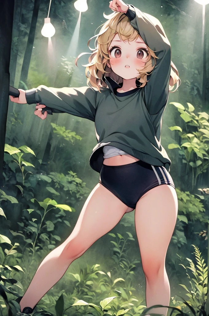 (masterpiece, highest quality),  (Dark forest at night), One Girl, young teen, Black gymnastics bloomers, High leg、School Shirt, standing in night forest, Looking up at the forest、Anxious expression, Emotional, Wide-angle, dark, Best Shadow, watercolor, long blonde hair