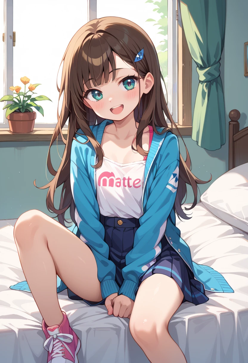 (( best quality)), ((masterpiece)), (be familiar with),  perfect face, indoor, bedroom,  watching viewers ,
One woman,  Gamemun Neko ,
 characters with open mouth ,  ecstatic expression with hands in front of body, blush, smile,
Small breasts,  flat chested, Young girl, Lori,  kids,  girl,
 long hair,  long hair,
Leg spread,