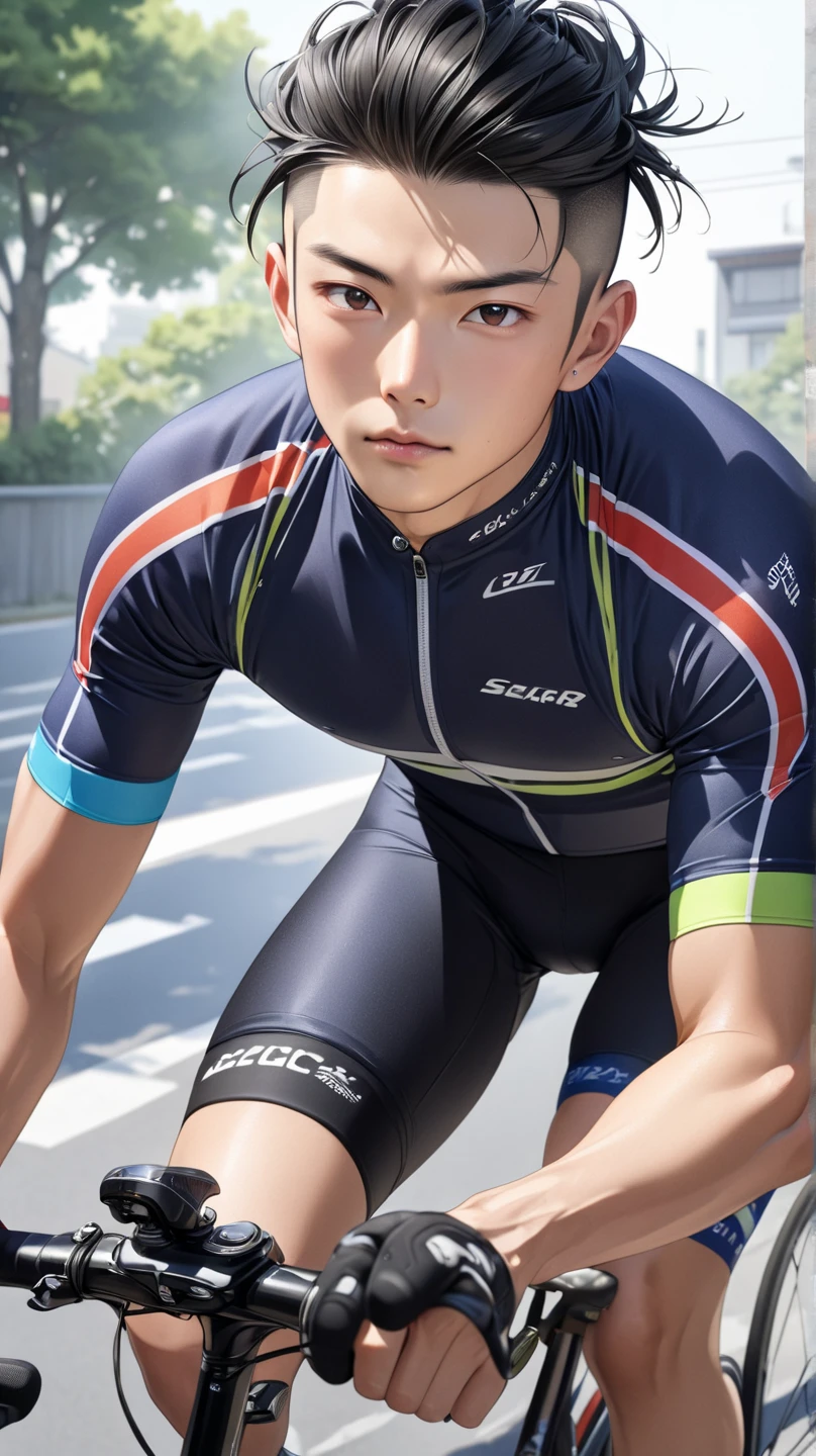 Um ciclista menino vestido de papai noel