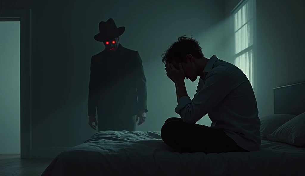  a man in room sitting on the bed ,  hands on his head and elbows on his knees , thinking, worried. Behind him,  leaning against the wall ,  there is a very dark shadow standing there just watching .  the shadow seems to be that of a man in a straight-brimmed hat . You can't see your eyes ,  you can't see anything but a darker shade than the normal shadows of the scene. side view of the scene , There is a door  ` left and a window on the right the shadow is not exactly behind the man,  it's not possible to see even a part of your clothes ,  it's just shadows .  just the eyes that are small red dots ,  that can sometimes be seen .