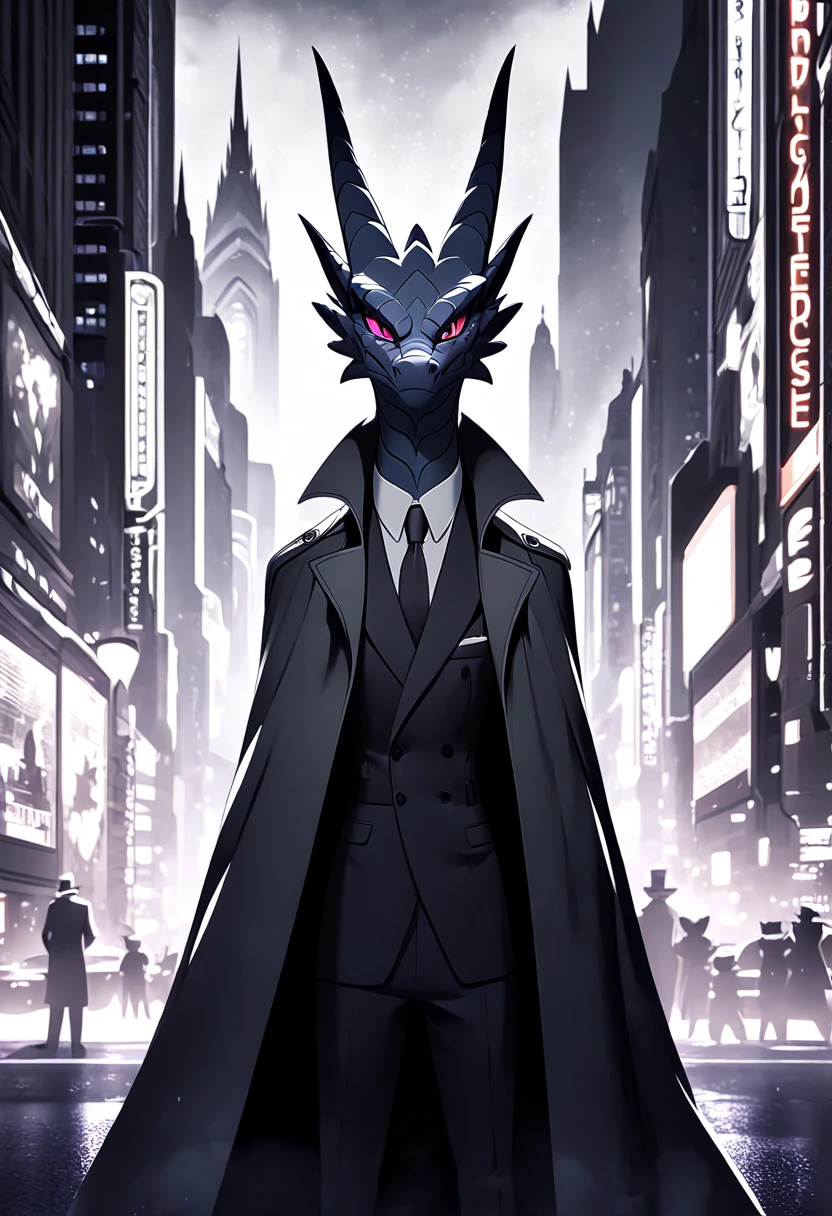  has a dominating and calm expression ， suit ，Trench coat cape ，furry，Strong and tall ， The background is a city bustling at night，dragon furry， black scales，Mafia Boss，The legs are slender