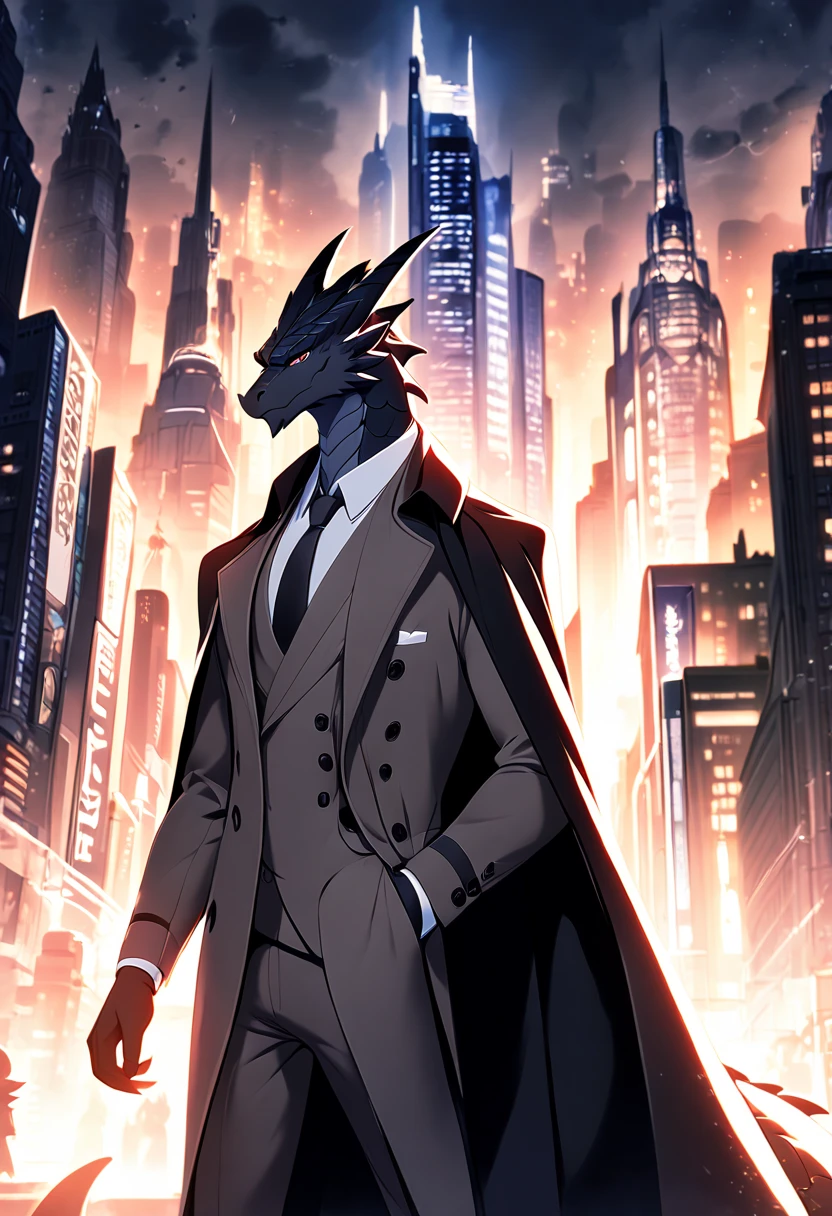  has a dominating and calm expression ， suit ，Trench coat cape ，furry，Strong and tall ， The background is a city bustling at night，dragon furry， black scales，Mafia Boss，The legs are slender