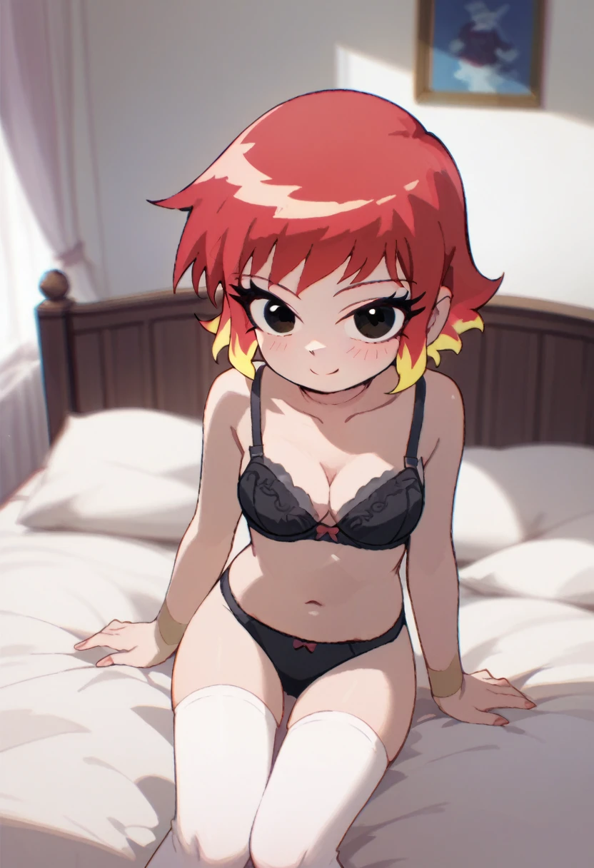 (masterpiece) perfect face, Ramona_Flowers, 1girl, short hair, black eyes, medium breasts, black bra, black panties, white thigh highs (red hair, yellow dip dyed hair) soft smile, blushing, sitting in bed