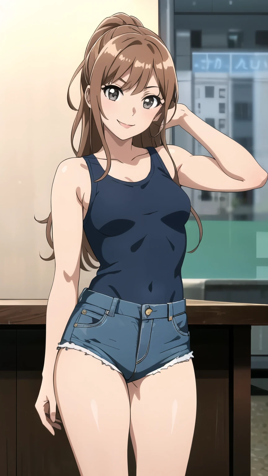 (masterpiece:1.2), (detailed skin:1.3), 1girl, ponytail, medium breasts,1girl,aalisa, long hair, blunt_bangs, brown hair, grey eyes, singlet, Levis, smile,looking at viewer, stand, solo