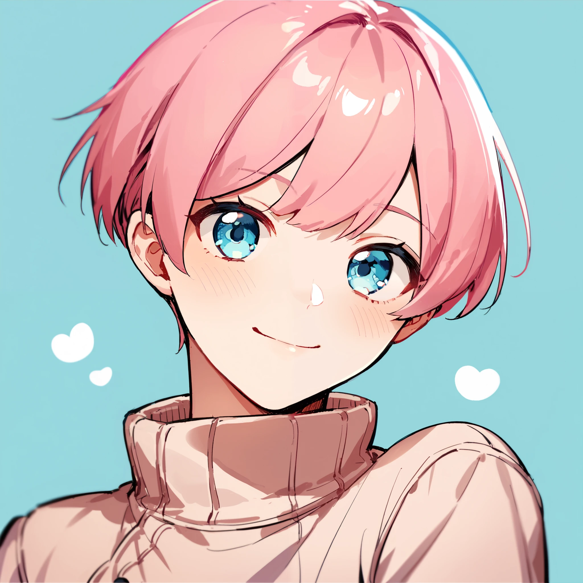 femboy, bowl cut, short hair, soft pink hair, blue eyes, smiling, cute background