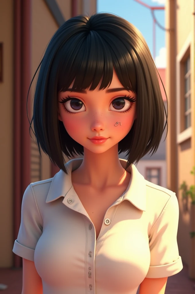 Pixar-like poster of a **************** with black hair and straight hair dressed in a white polo shirt and a pierced nose on her left side 