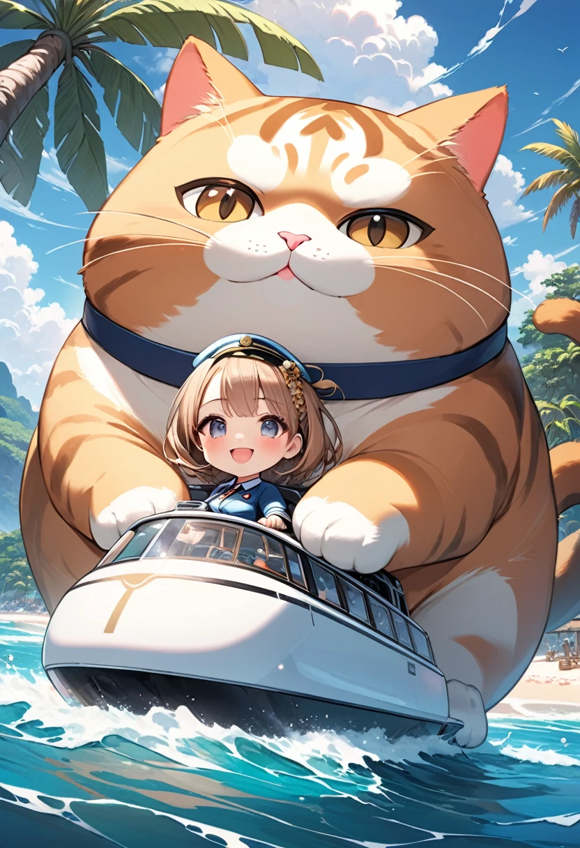 (masterpiece, ultra-detailed, best quality, clear focus, dramatic scene, cinematic), shadow, (ultra-high resolution, 8k), perfect anatomy, perfect face, (detailed face, detailed eye, chibi), cute Japanese chibi girl, famous Japanese chibi idol, (chibi:1.3), very beautiful and cute and cool face, (wearing a cute captain's uniform:1.3), (large breasts), (she is piloting a personal cruiser at scenic tropical ocean:1.3), amazing view of beautiful beach with tropical trees, (with a giant fat cat: detailed cat:1.2), smile, she looks so happy