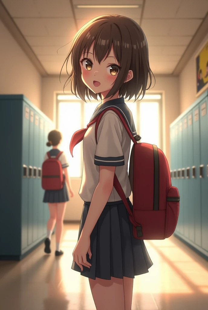 Ayumi Yoshida, blue eyes, short hair, Brown Hair, bangs, hair band, smile, (child), (masterpiece,highest quality),Red School Bag,Pink pleated halter sleeves,Summer Classes,classroom, blackboard, score_9, score_8_superior, score_8, use, masterpiece, highest quality, 1 person, Amateur Women, , alone, Looking into the camera, looking at the camera, Butt, underwear, Skirt rolled up, bag, uniform, Plate skirt, Micro Skirt, White panties, string, From the back, Hold the clothes, Accidental exposure, body, beautiful, fit thighs, White thigh-high socks, thin, skinny, girl, Twisted body, Are standing, Looking Back, Twisted body, indoor,