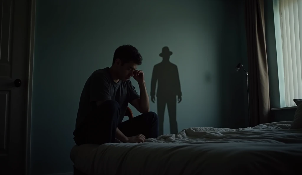  a man in room sitting on the bed ,  hands on his head and elbows on his knees , thinking, worried. Behind him,  leaning against the wall ,  there is a very dark shadow standing there just watching .  the shadow seems to be that of a man in a straight-brimmed hat . You can't see your eyes ,  you can't see anything but a darker shade than the normal shadows of the scene. side view of the scene , There is a door  ` left and a window on the right the shadow is not exactly behind the man,  it's not possible to see even a part of your clothes ,  it's just shadows .  just the eyes that are small red dots ,  that can sometimes be seen .