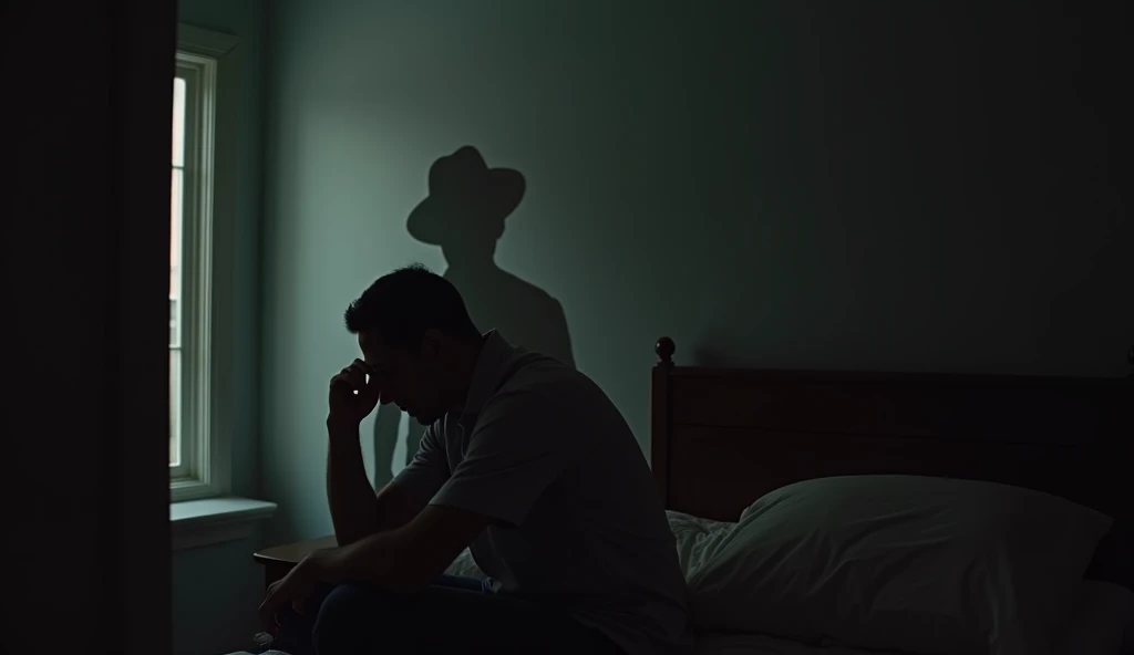  a man in room sitting on the bed ,  hands on his head and elbows on his knees , thinking, worried. Behind him,  leaning against the wall ,  there is a very dark shadow standing there just watching .  the shadow seems to be that of a man in a straight-brimmed hat . You can't see your eyes ,  you can't see anything but a darker shade than the normal shadows of the scene. side view of the scene , There is a door  ` left and a window on the right the shadow is not exactly behind the man,  it's not possible to see even a part of your clothes ,  it's just shadows .  just the eyes that are small red dots ,  that can sometimes be seen .