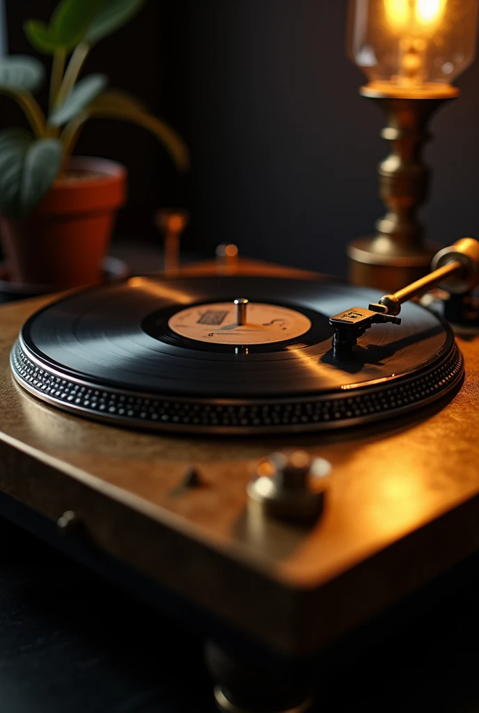  close-up of a turntable with gold plate and black background,  brass equipment turntable , Spinning record ,  Music Now Playing ,  jazz music record , Vinyl Records,   brass and silver tone ，masterpiece