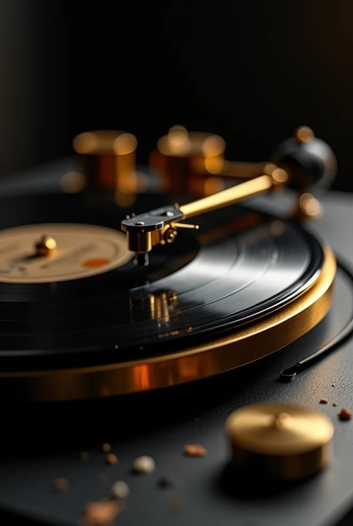  close-up of a turntable with gold plate and black background,  brass equipment turntable , Spinning record ,  Music Now Playing ,  jazz music record , Vinyl Records,   brass and silver tone ，masterpiece