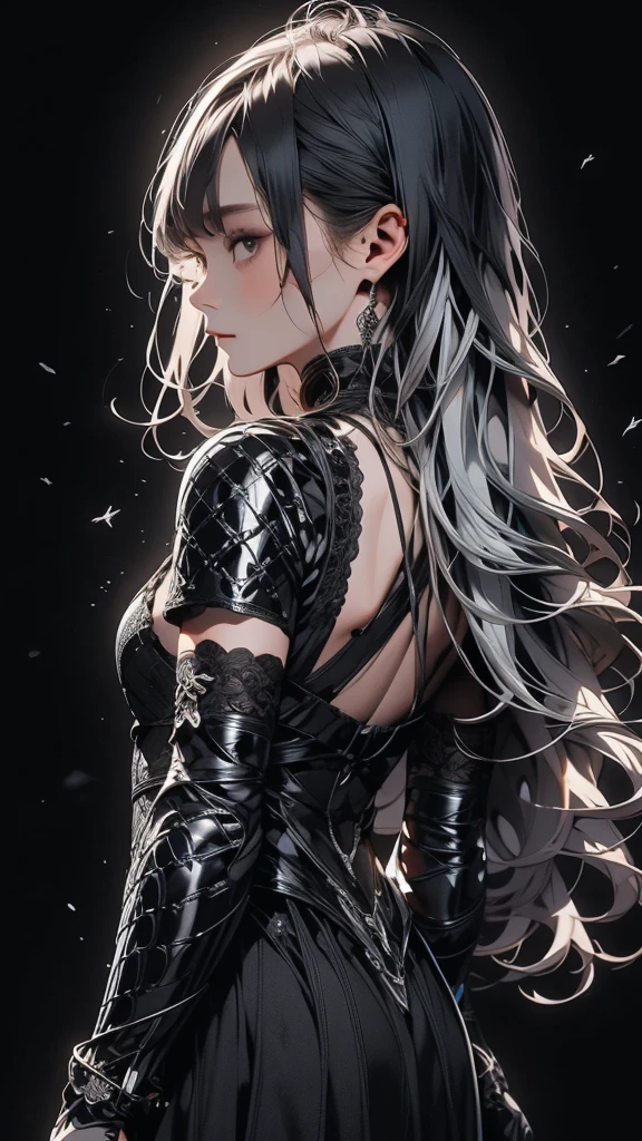   movie poster with a young woman as the main character、(Black and silver long hair  :1.3)、Glare、 Her face has a fixed expression  ,  black lace gothic fashion 、Silver Armor、The background is dark、Rough, With danger and tension、 Rear shot 、( Short Bang :1.3)、Farewell