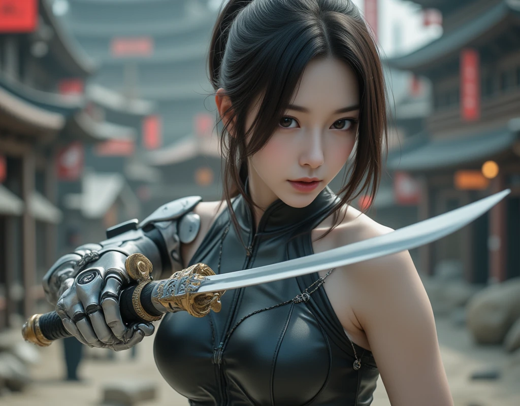 High definition Photography, epic fighting scene far shot, (Beautiful face young Japanese), (Beautiful cup-A chests, white pale skin, soft makeup and lipstick), robotic arm, silver hand, Prosthetic part and cyberware accessories, (pretty tanktop and skinny leather pants), with great sword on medival apocalyptic world, 