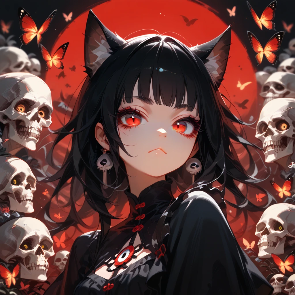  1 girl, Long black hair, cat ears ,  Red Eyes、 double, long lashes、I&#39;m sick、 with skulls and butterflies around 