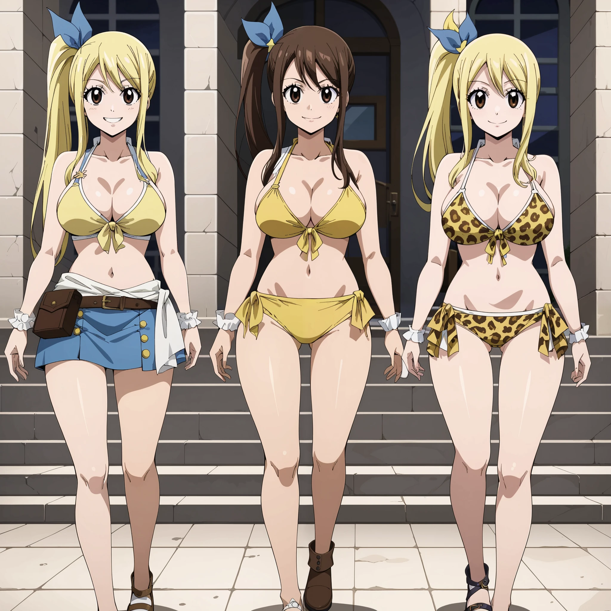 Lucy Heartfilia, peo rubio,  brown eyes, smile,  big breasts, yellow bikini with leopard print is walking on a lonely beach. A Single Woman Lonely Woman .