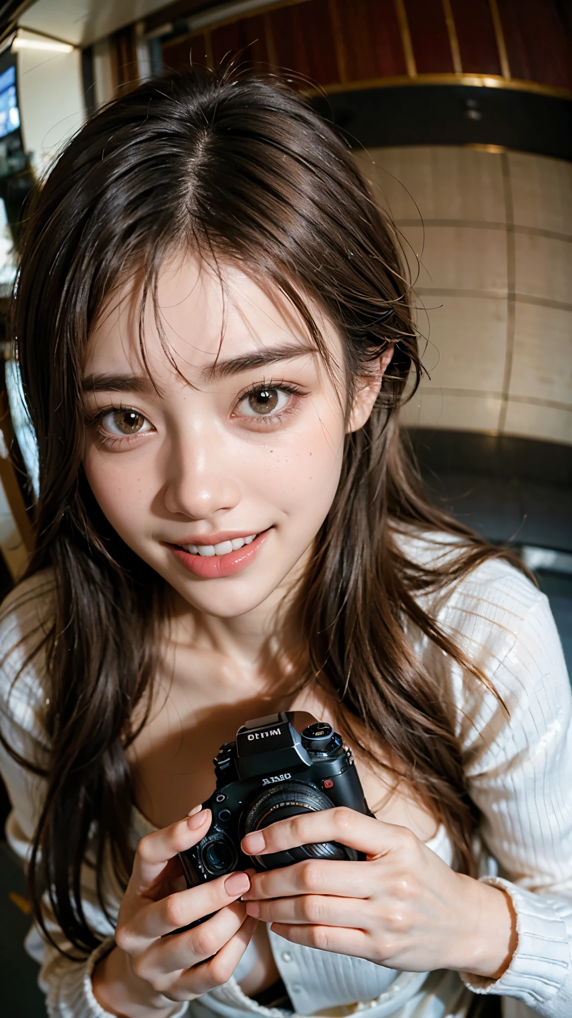 Highest quality, masterpiece, Ultra-high resolution,8K, (Realistic:1.6), (Close-up portrait:1.4) RAW Photos, ((Brown-toned miniskirt fashion)),((Up Facial)),girl,(Full of smiles, Showing teeth)), 22 years old,((Asymmetrical Hairstyles)),((Looking up at the audience)),Face Focus:1.4,((Shooting from above with a fisheye lens:1.4)),