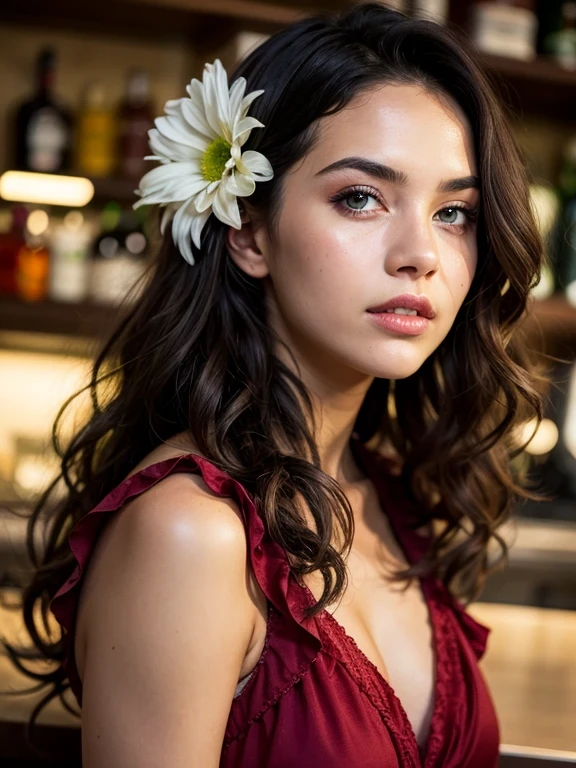 Latina female, Mexican, real, woman, soft, young, cute, innocent, relaxing, solo, long face, thin, thin body, skinny, realistic hands, petite, sagging breasts, saggy breasts, drooping breasts, c-cup breasts, brown eyes, eyes focusing, posing, pose, blushing, make-up, blushing, (dark-pink lipstick,) flowers in hair, black hair, dark hair, medium hair in bun, wearing long dress, wearing blouse, silk dress, in frame, looking at camera, focused, close, close up, cyberpunk details, model, out-doors, night time,