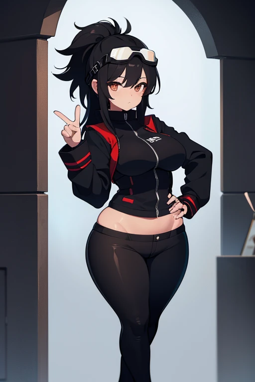 Wide hips, tiny skirt, visible midriff, visible thong straps,