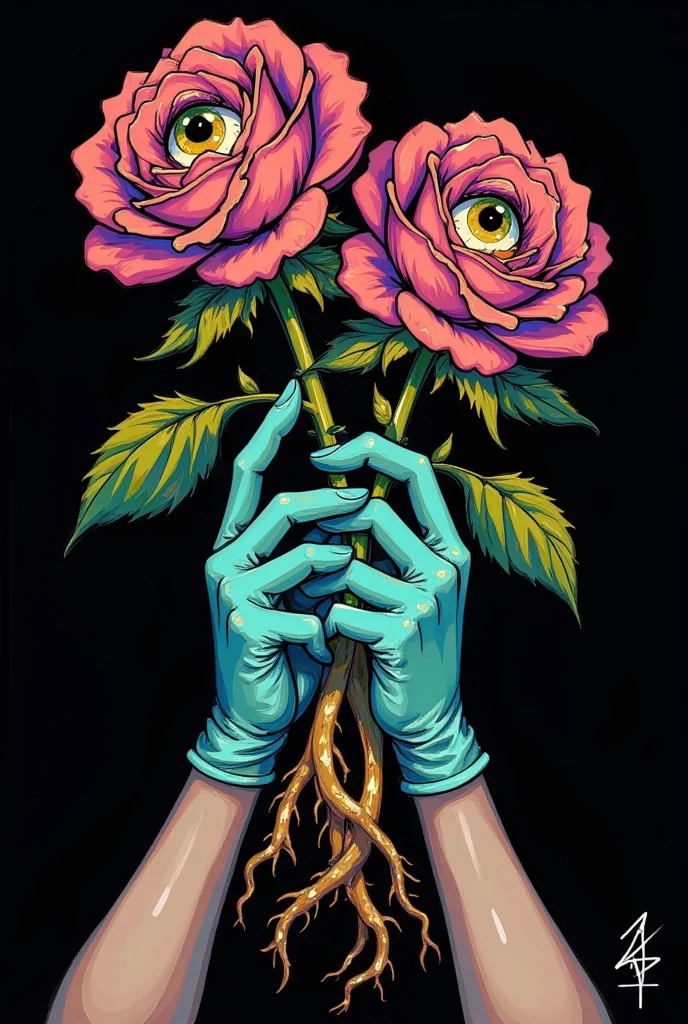 A dark, creepy cartoon depicting two hands wearing teal gloves holding roses with eyes on them, with roots emerging from the bottom and a black background