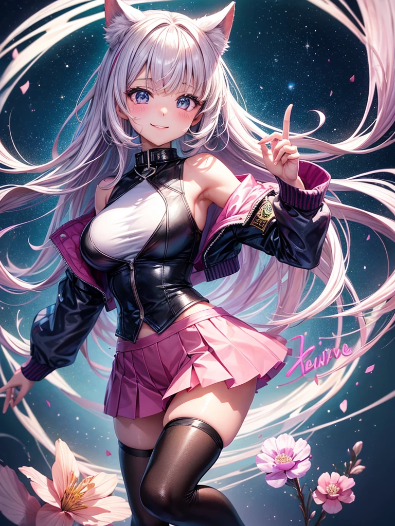 Silver hair, pink eyes, body, cat ears, adult girl, earrings, flower sky background, teal pink gold uniform, hair bows, happy face, thigh up, looking at viewer