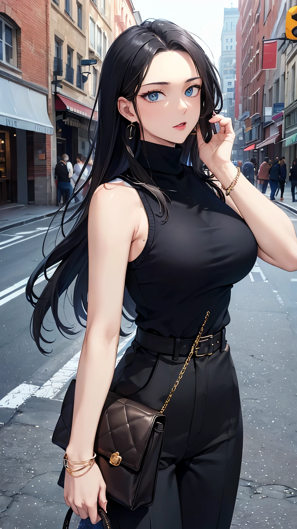 (masterpiece,best quality,highres,ultra-detailed),black hair woman,dark blue eyes,seductive eyes,long hair,(sweater:1.1),(turtleneck:1.1),street,standing,(sleeveless top:1.4),nice breasts,leather hand bag,bracelets, earrings,cowboy shot