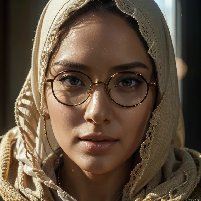 1 , masterpiece,  porn movie , hijab, glasses,  Big breasts ,  detailed and beautiful eyes ,  beautiful and detailed lips ,   extremely detailed face , elegant, funny pose, delicate features, intricate patterns on the hijab,  Cinematic lighting ,  shades of warm colors , photorealistic, ( best quality ,4K,8k, highres icon,masterpiece:1.2), ,(realistic,photorealistic,photo-realistic:1.37)